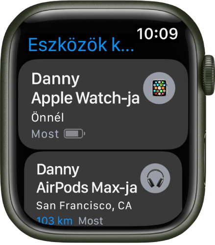 Az Eszközök keresése app két eszközzel: egy Apple Watch és egy AirPods fülhallgató.