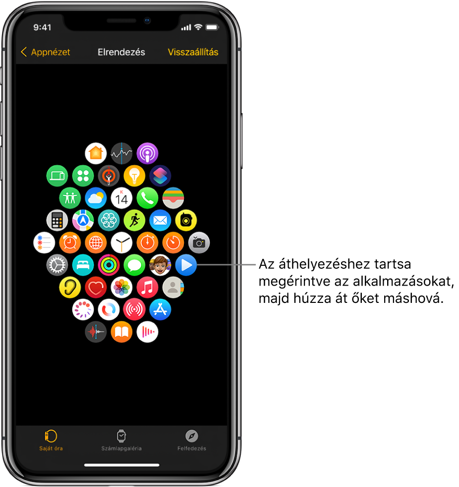 Az Apple Watch app Elrendezés képernyője rácson jeleníti meg az ikonokat.