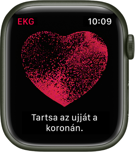 Az EKG app egy szív képével és a „Tartsa az ujját a koronán” szöveggel.