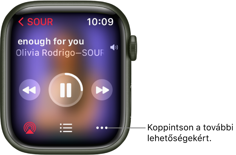 A Lejátszás alatt képernyője a Zene appban. Az album neve a bal felső sarokban látható. A dal címe és az előadó neve fent látható, a lejátszás vezérlői középen, lent pedig az AirPlay, a lejátszási lista és a Beállítások gomb.