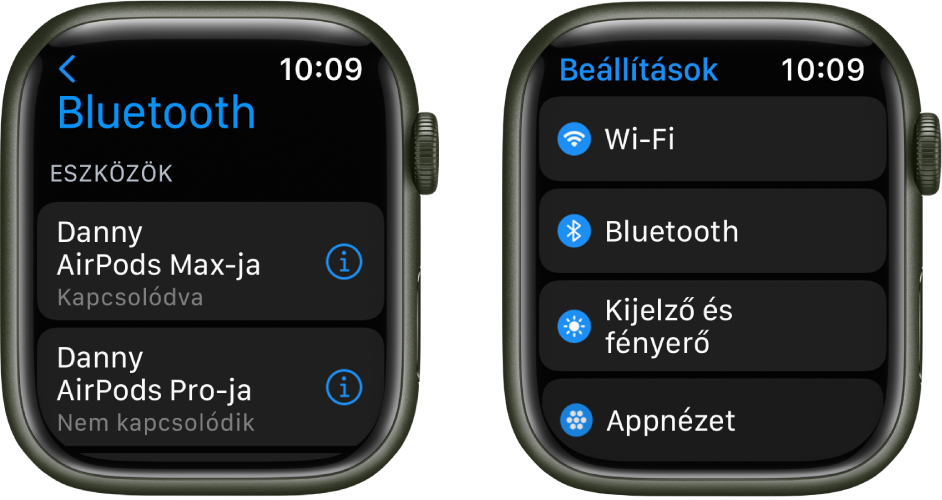 Kép képernyő egymás mellett. A bal oldali képernyőn a Bluetooth eszközök listája látható: AirPods Max (csatlakoztatott) és AirPods Pro, (nem csatlakoztatott). A jobb oldali kijelzőn a Beállítások képernyője jelenik meg a Wi-Fi, a Bluetooth, a Kijelző és fényerő, illetve az Appnézet gombjaival, amelyek listába vannak rendezve.