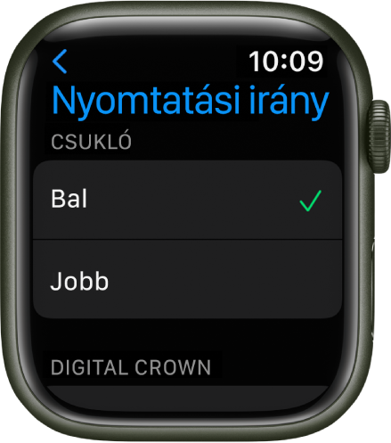 A Tájolás képernyő az Apple Watchon. Megváltoztathatja a csuklóját és a Digital Crown kívánt használati módját.