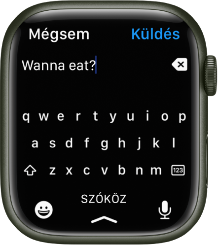 Egy szövegbeviteli képernyő a QWERTY-billentyűzettel. Felül némi szöveg látható, a jobb oldalon elhelyezkedő Törlés gombbal. Az Emoji, Szóköz és Diktálás gombok alul láthatók.