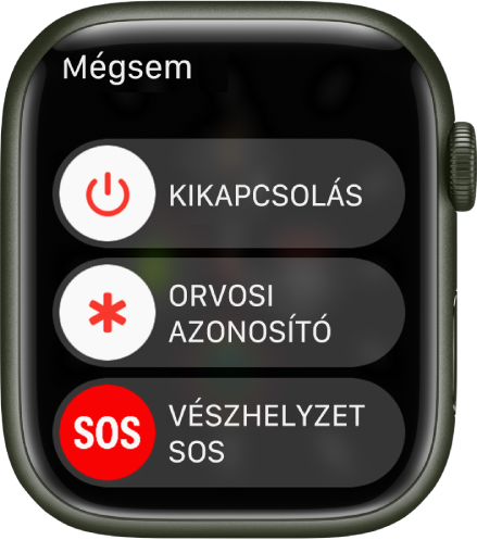 Az Apple Watch képernyője, három csúszkával: Kikapcsolás, Orvosi azonosító és Segélyhívás SOS.
