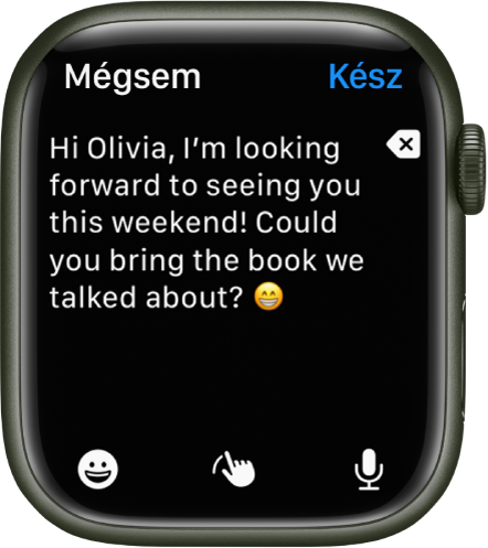 Egy szövegbeviteli képernyő szöveggel és egy emojival a tetején, valamint az alul megjelenő Emoji, Firka és Diktálás gombokkal.