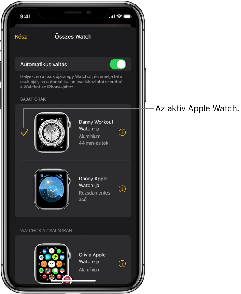 Az Apple Watch app Összes Watch képernyőjén egy pipa jelzi az aktív Apple Watchot.