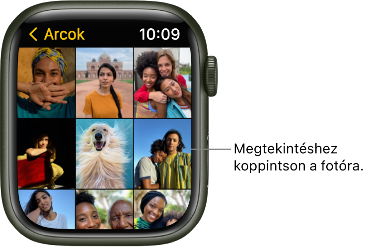 Az Apple Watch Fotók appjának főképernyője; a rácsban több fotó is látható.