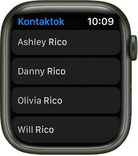 A Kontaktok app egy kontaktlistával.