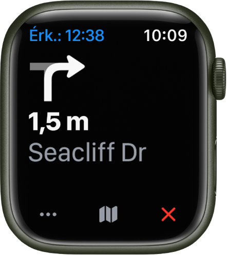 A Térképek app; balra fent látható a becsült érkezési idő, a következő fordulás utcája és a kanyarig hátralévő távolság. A Továbbiak, Térkép és Vége gombok alul láthatók.