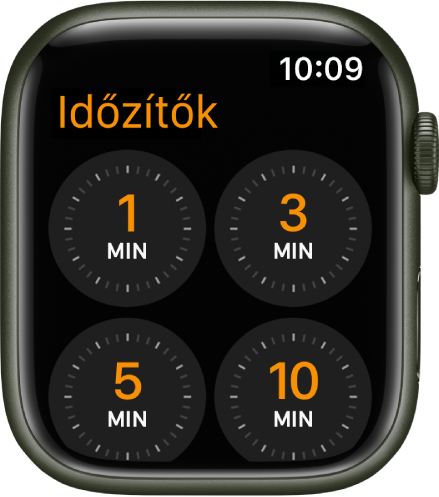 Az Időzítő app képernyője; 1, 3, 5 és 10 perces, gyorsan beállítható időzítőkkel.