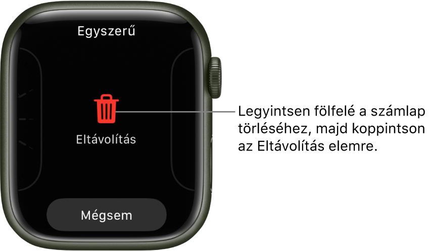 Az Apple Watch képernyője az Eltávolítás és a Mégsem gombokkal; a gombok akkor jelennek meg, ha egy óraszámlaphoz legyint, majd azon fölfelé legyint, hogy törölje.