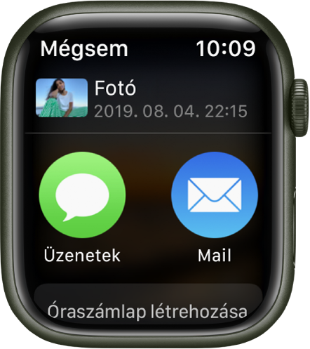 Az Apple Watch Fotók appjának megosztási képernyője. A képernyő tetején egy fotó található. Alatta az Üzenetek és a Mail gombok láthatók.