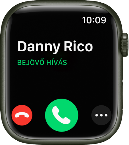 Az Apple Watch képernyője hívás fogadásakor: a hívó neve, a „Bejövő hívás” szöveg, a piros Elutasítás gomb, a zöld Válasz gomb és a További beállítások gomb.