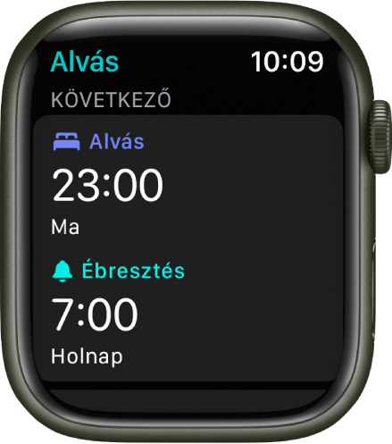 Az Apple Watch Alvás appja megjeleníti az eseti alvási ütemezést. A Lefekvés felül, míg az Ébresztés ideje alatta látható.