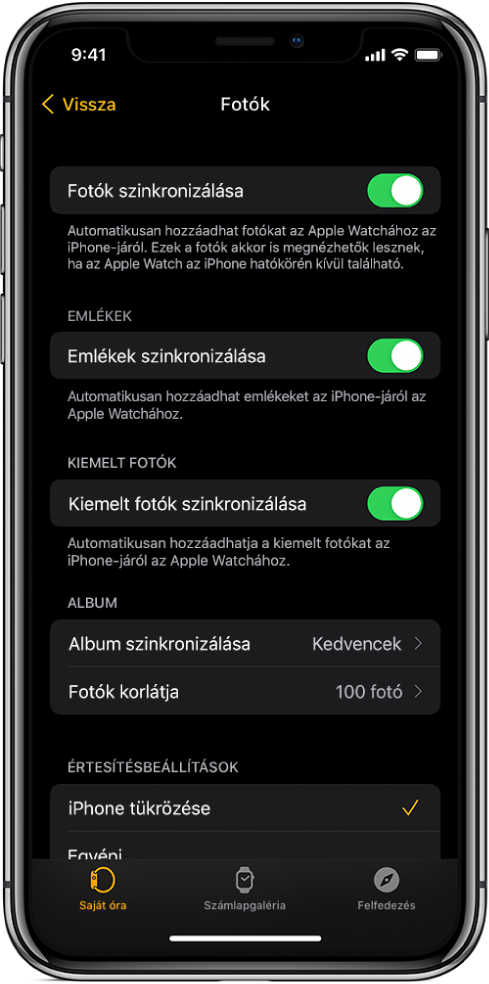 Az iPhone-on lévő Apple Watch app fotóbeállításai; középen látható a Fotók szinkronizálása beállítás, alatta pedig a Fotók korlátja lehetőség.