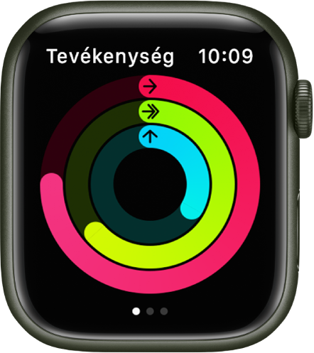 A Tevékenység képernyő a három gyűrűvel – Mozgás, Gyakorlat és Állás.