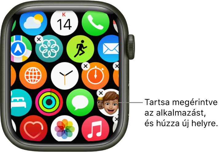 Az Apple Watch Főképernyője rácsnézetben.