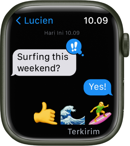 Apple Watch menampilkan percakapan di app Pesan.