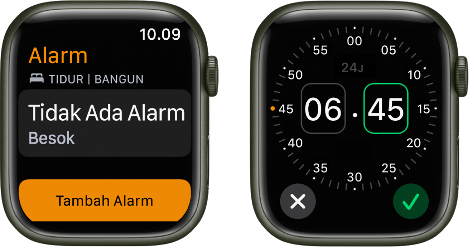 Dua layar jam menampilkan proses untuk menambahkan alarm: Ketuk Tambah Alarm, ketuk AM atau PM, putar Digital Crown untuk menyesuaikan waktu, lalu ketuk Atur.