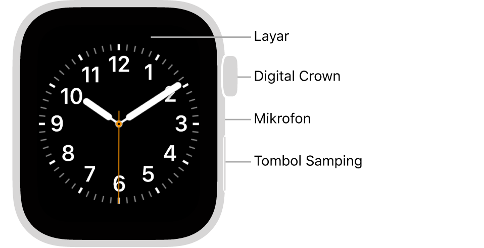 Bagian depan Apple Watch Series 6, dengan layar yang menampilkan wajah jam, dan Digital Crown, mikrofon, dan tombol samping dari bagian atas ke bawah di bagian samping jam.