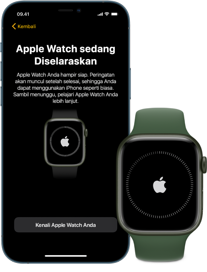 iPhone dan Apple Watch menampilkan layar penyelarasannya.