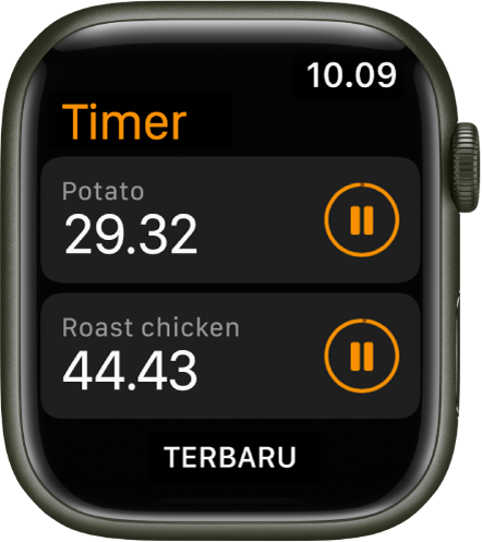 Dua timer di app Timer. Setiap timer menampilkan waktu tersisa di bawah nama timer dan tombol jeda di sebelah kanan. Tombol Terbaru terdapat di bagian bawah layar.