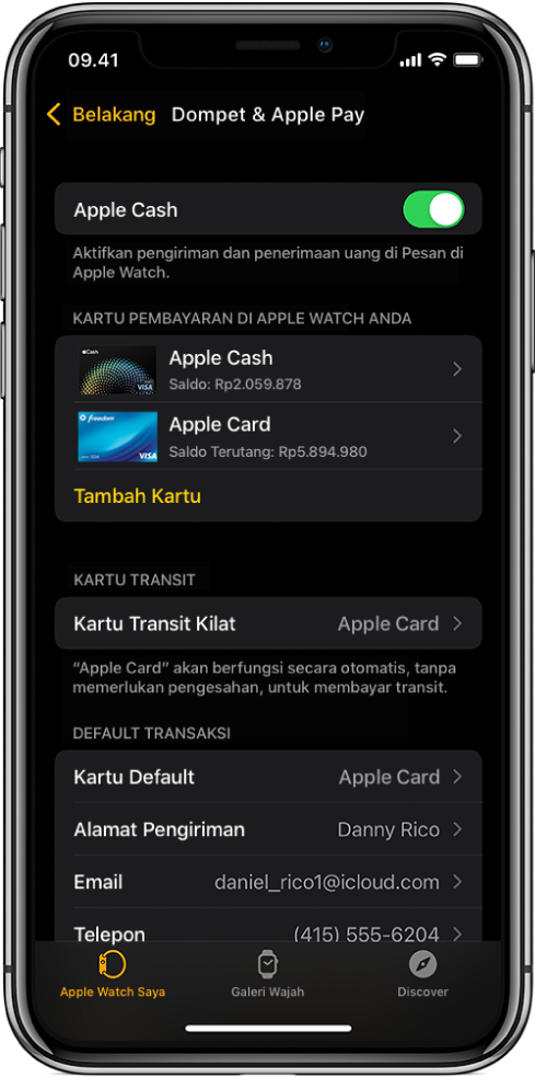 Layar Dompet & Apple Pay di app Apple Watch di iPhone. Layar menampilkan kartu yang ditambahkan ke Apple Watch, kartu yang telah Anda pilih untuk transit kilat, dan pengaturan default transaksi.