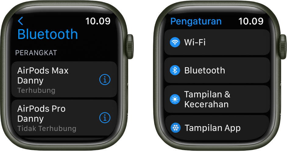 Dua layar berdampingan. Di sebelah kiri terdapat layar yang mencantumkan dua perangkat Bluetooth yang tersedia: AirPods Max, yang terhubung, dan AirPods Pro, yang tidak terhubung. Di sebelah kanan terdapat layar Pengaturan, menampilkan tombol Wi-Fi. Bluetooth, Tampilan & Kecerahan, dan tombol Tampilan App dalam daftar.