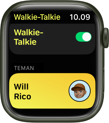 Layar Walkie-Talkie menampilkan pengalih Walkie-Talkie di dekat bagian atas dan teman yang telah Anda undang di bagian bawah.