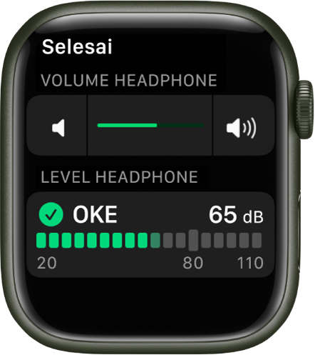 Layar Volume Headphone menampilkan kontrol volume di bagian atas dan meter di bawah, yang menampilkan volume headpohne saat ini. Level volume adalah 65 dB dan ditandai “OKE”.