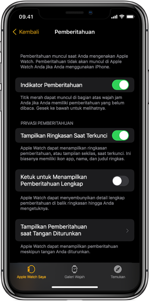 Layar Pemberitahuan di app Apple Watch pada iPhone, yang menampilkan sumber pemberitahuan.