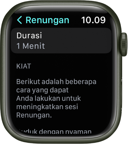 Layar app Kesadaran menampilkan durasi satu menit di bagian atas. Di bawah terdapat kiat untuk membantu meningkatkan sesi Renungan.