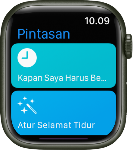 App Pintasan di Apple Watch menampilkan dua pintasan—Kapan Saya Harus Berangkat dan Atur Selamat Malam.
