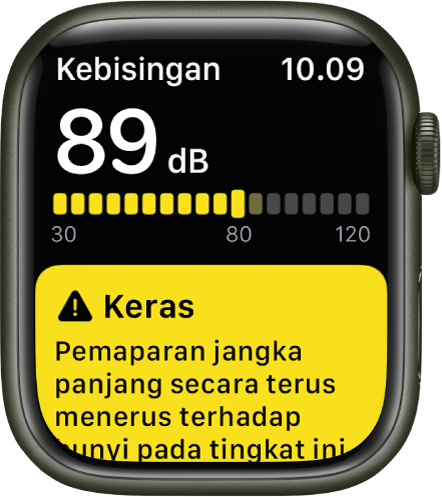 Pemberitahuan Kebisingan mengenai level bunyi 89 desibel. Peringatan mengenai pemaparan jangka panjang terhadap tingkat bunyi ini muncul di bawah.