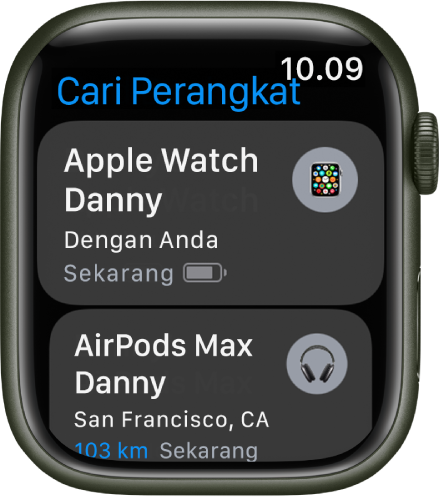 App Cari Perangkat menampilkan dua perangkat—Apple Watch dan AirPods.