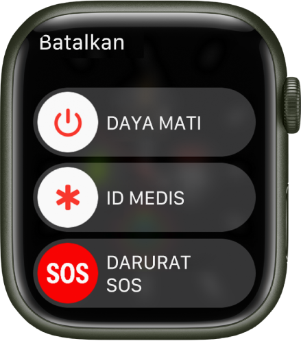 Layar Apple Watch menampilkan tiga penggeser: Daya Mati, ID Medis, dan Darurat SOS. Seret penggeser Daya Mati untuk mematikan Apple Watch.