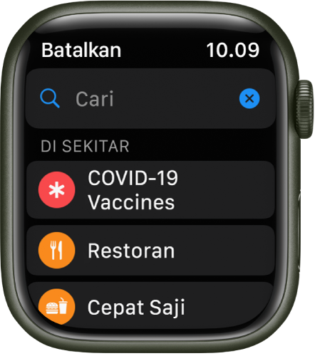 Layar Cari app Peta menampilkan bidang Cari di dekat bagian atas. Di bawah Di Sekitar terdapat tombol untuk vaksin COVID-19, restoran, dan makanan cepat saji.