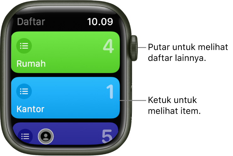 Layar Daftar app Pengingat menampilkan dua tombol daftar—Rumah dan Kantor. Nomor di sebelah kanan memberi tahu Anda jumlah pengingat di setiap daftar. Ketuk daftar untuk melihat item dalam daftar, atau putar Digital Crown untuk melihat daftar lainnya.