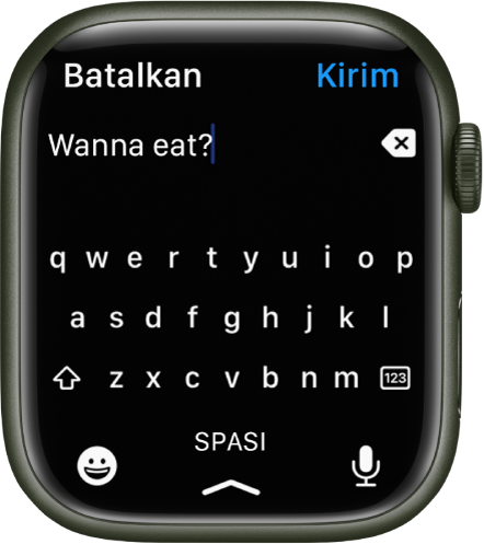 Layar entri teks menampilkan papan ketik QWERTY. Beberapa teks muncul di bagian atas dengan tombol Delete sebelah kanan. Tombol Emoji, Spasi, dan Dikte berada di bagian bawah.