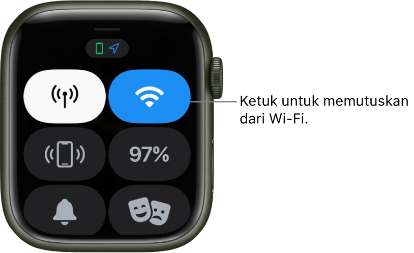 Pusat Kontrol di Apple Watch (GPS + Cellular), dengan tombol Wi-Fi di kanan atas. Callout bertuliskan “Ketuk untuk memutuskan dari Wi-Fi.”