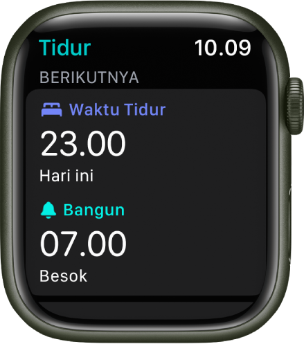 App Tidur di Apple Watch menampilkan jadwal tidur malam. Waktu Tidur muncul di bagian atas dan waktu Bangun di bawahnya.