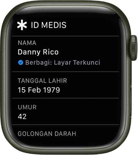 Layar ID Medis menampilkan nama, tanggal lahir, dan umur pengguna.