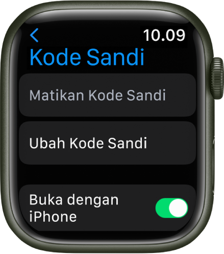 Pengaturan kode sandi di Apple Watch, dengan tombol Matikan Kode Sandi di bagian atas, tombol Ubah Kode Sandi di bawahnya, dan Buka pengalih iPhone di bagian bawah.