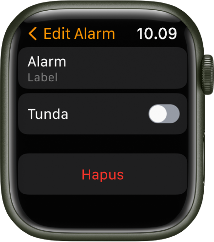 Layar Edit Alarm, dengan tombol Hapus di bagian bawah.
