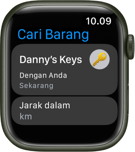 App Cari Barang menunjukkan bahwa AirTag yang terpasang ke kumpulan kunci ada dengan Anda. Tombol Jarak dalam Mil berada di bawah.