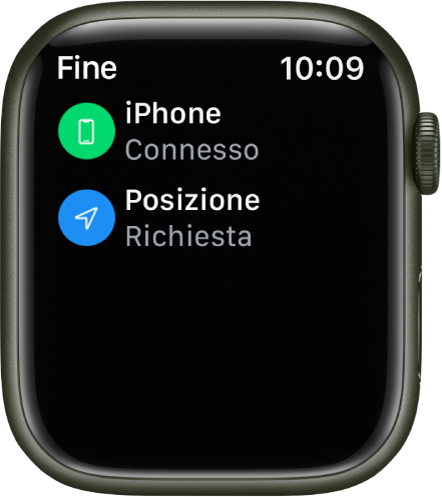 Dettagli di stato che mostrano che iPhone è collegato e che la posizione dell’orologio è stata richiesta.