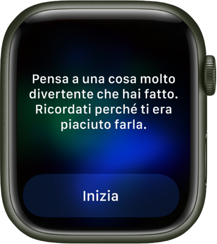 L'app Mindfulness che mostra un pensiero su cui puoi riflettere: “Pensa a qualcosa di divertente che hai fatto. Ricorda perché ti è piaciuto.” Sotto è visibile un pulsante Inizia.