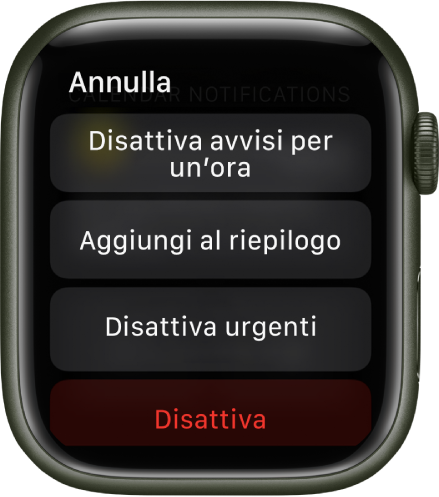 Impostazioni di notifica su Apple Watch. Sul pulsante in alto c’è scritto “Silenzioso per 1 ora”. Sotto ci sono i pulsanti “Aggiungi al riepilogo”, Disattiva urgenti” e Disattiva.