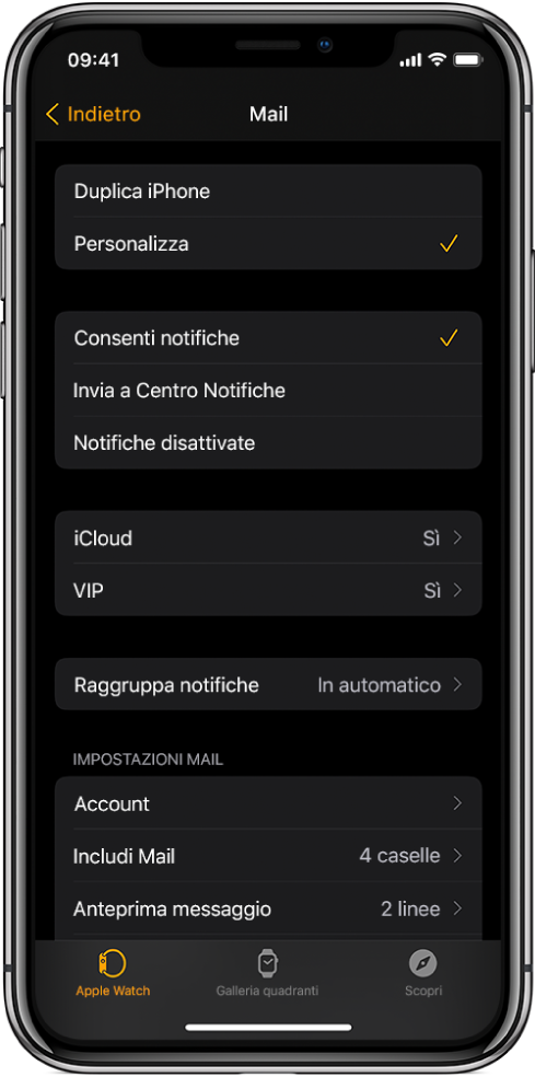 Le impostazioni di Mail nell’app Apple Watch che mostra le impostazioni per notifiche e account e-mail.
