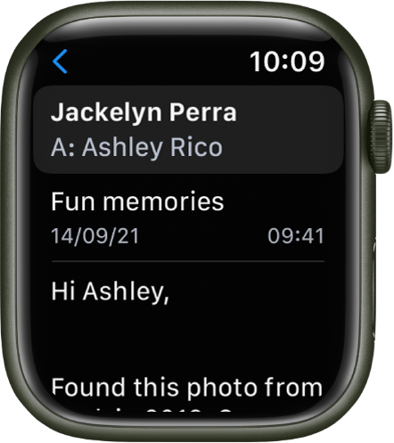 Un messaggio e-mail aperto nell'app Mail. Il nome del destinatario viene visualizzato in alto, l’oggetto sotto e quindi il corpo del messaggio verso il fondo dello schermo.
